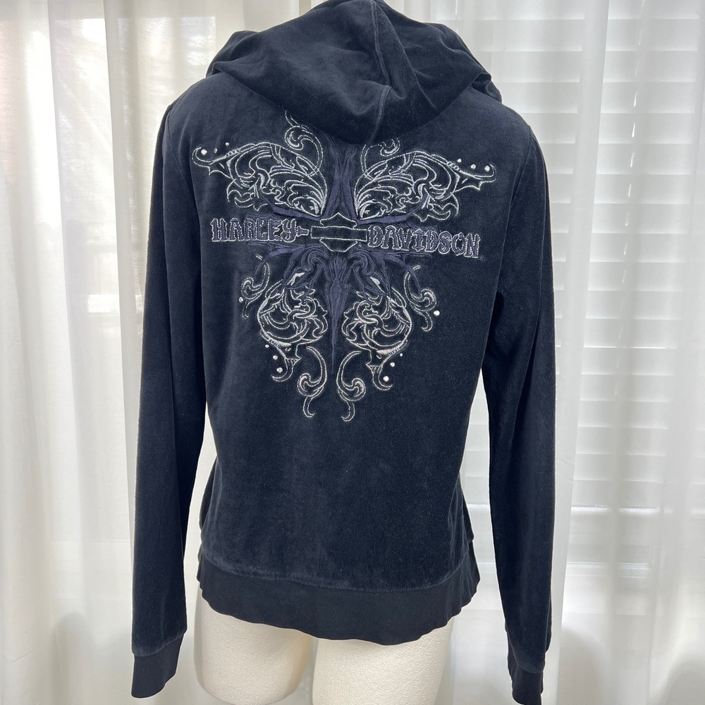 VTG Harley Davidson women XL Velour bling Zip up Hoodie Embroidered Y2K‎ grunge